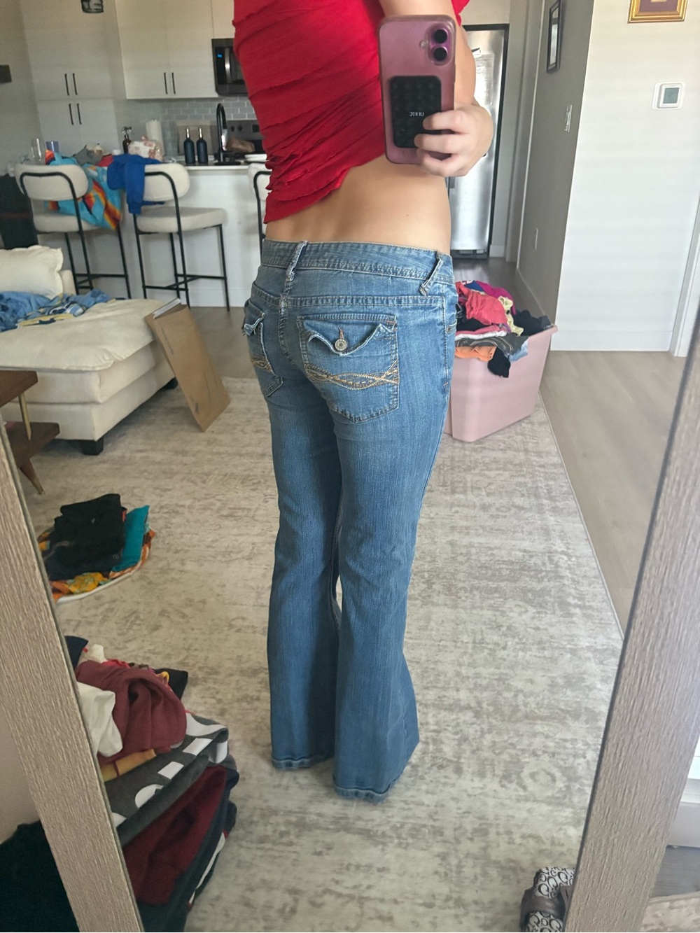 Rue21 Women’s Blue Flare Jeans with Embellished Back Pockets